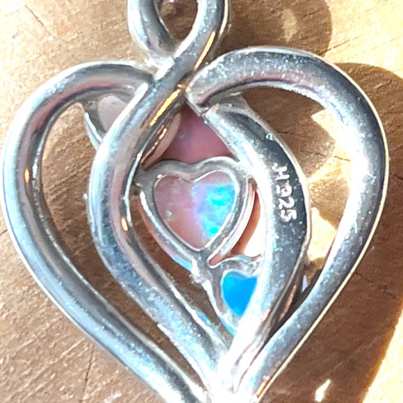 Gorgeous Vintage Triple Opal & CZ Diamond Heart Sterling Silver Pendant - Picture 5 of 8